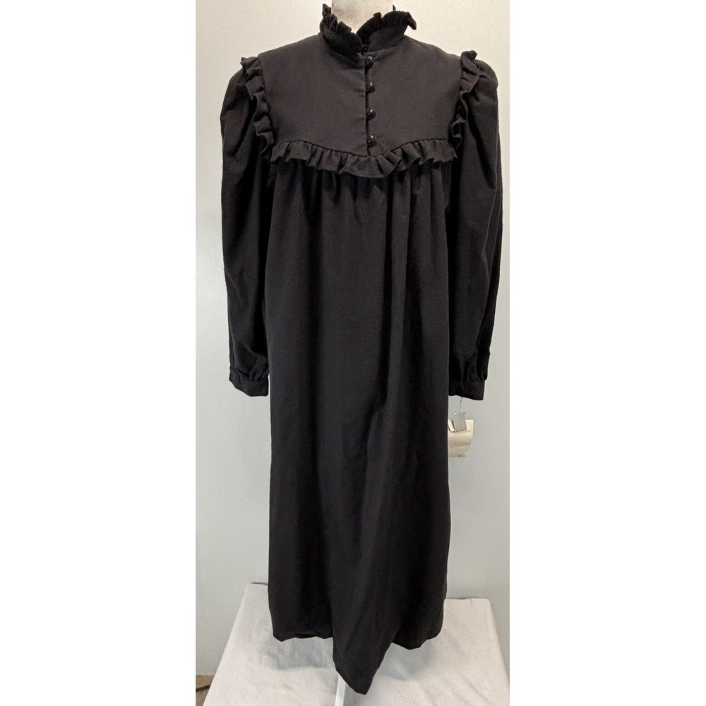 NEW! Vtg J. Jill Flannel Midi Dress Large Black Pockets Ruffle Trim Nightgown